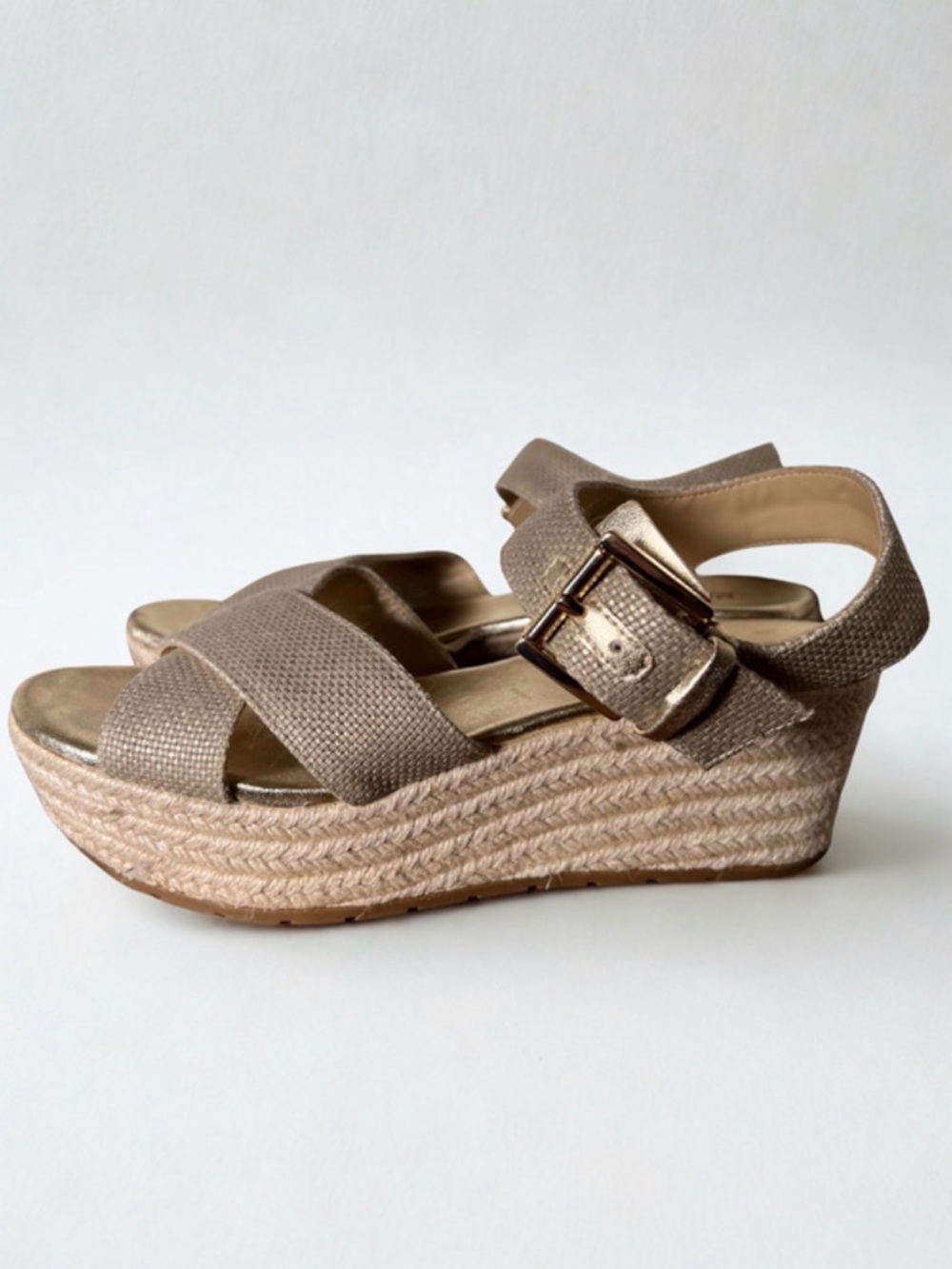 Michael Kors Woven Taupe & Gold Platform Espadrille Sandals with Buckle
